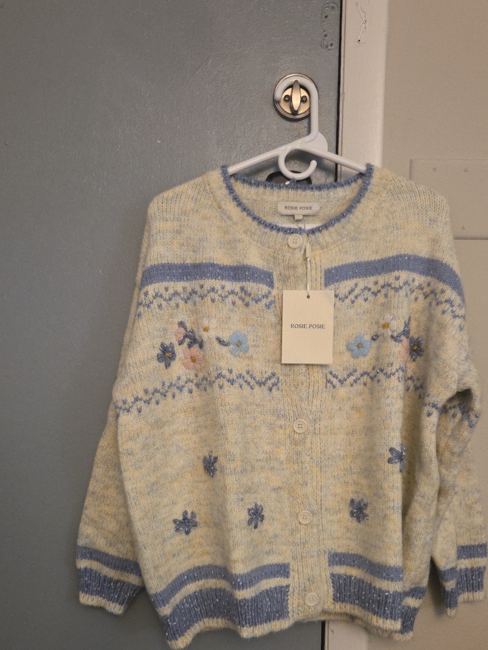Cream & Light Blue Floral Button-Front Cardigan